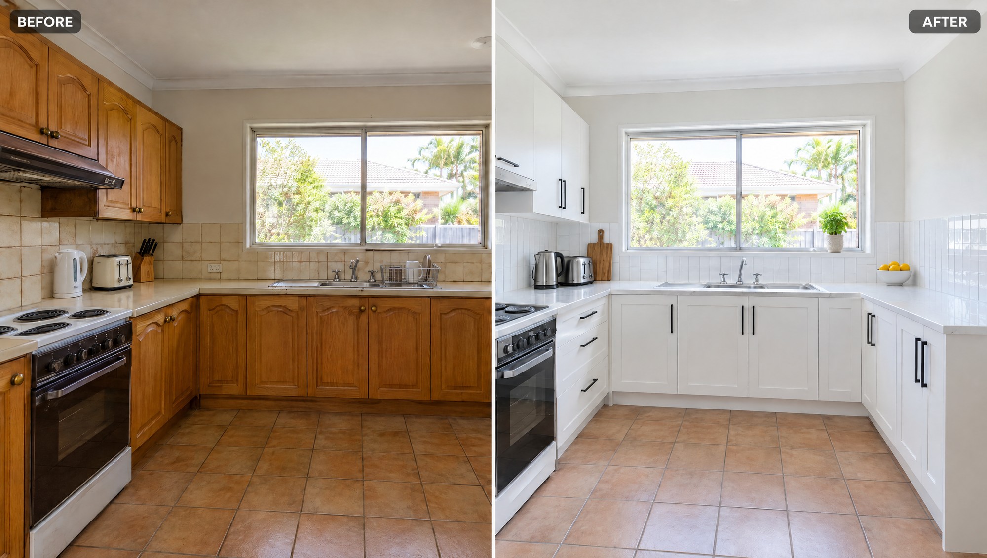 Before and after kitchen makeover: dated timber U-shaped kitchen updated with white shaker doors, black handles, white benchtop and white tile splashback