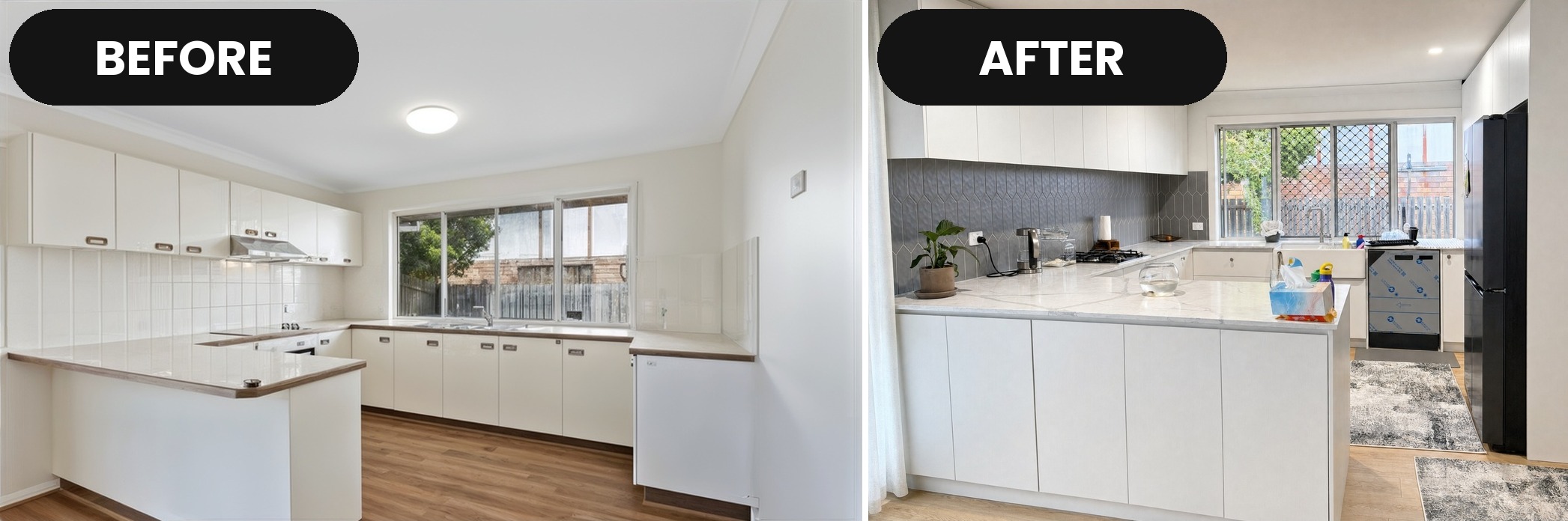 Before and after kitchen renovation in Brisbane by ROI Reno: dated white U-shaped kitchen updated with new white doors, stone-look benchtop and grey tile splashback